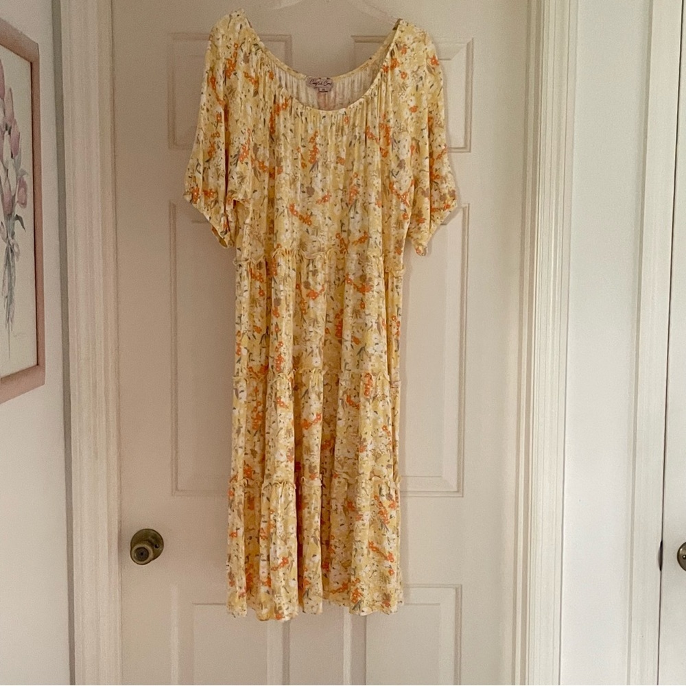 Floral Yellow tiered sundress on or off the shoulder tiered coastal comfort XL